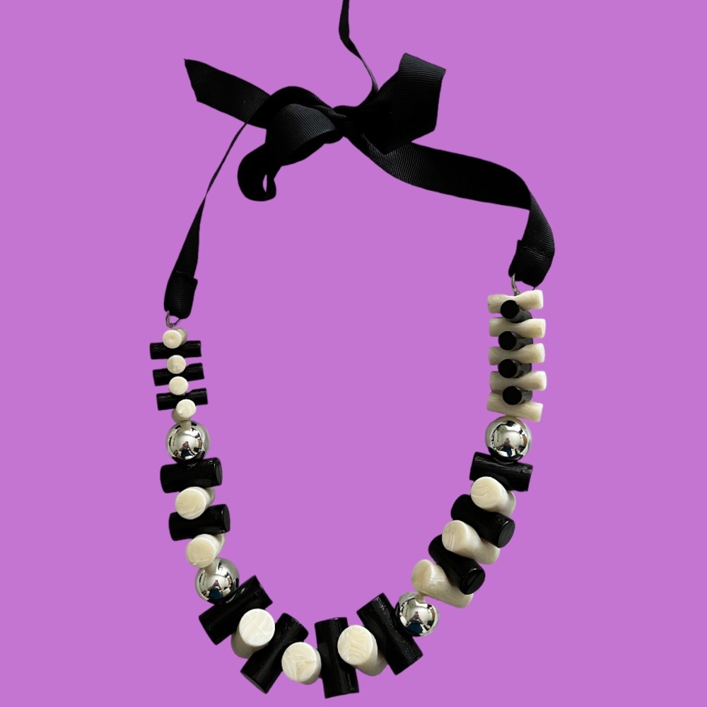 Black and White Modern Bead and Ribbon Statement Necklace